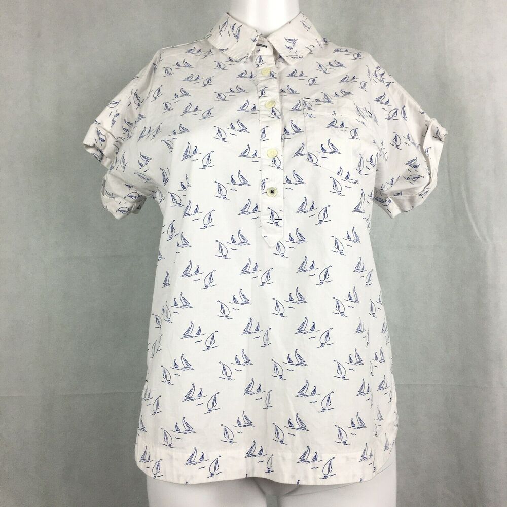 Vineyard Vines Shirt Polo Womens Sz 2 White Navy Sailboat Woven Cotton